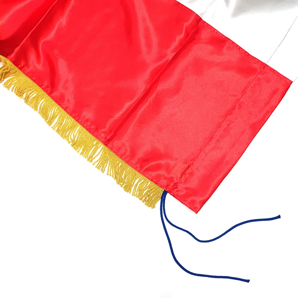 Official Croatian Silk Flag 200cm x 100cm Close-up of a red flag with gold fringe and blue tassel on a white background