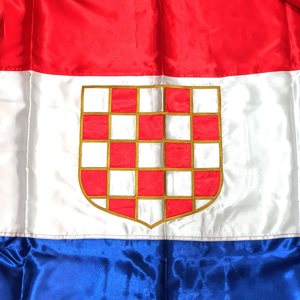 Croatian Historic Silk Flag Prvo Bijelo Polje 200cm by 100cm Flag with a red, white, and blue design featuring a central coat of arms.