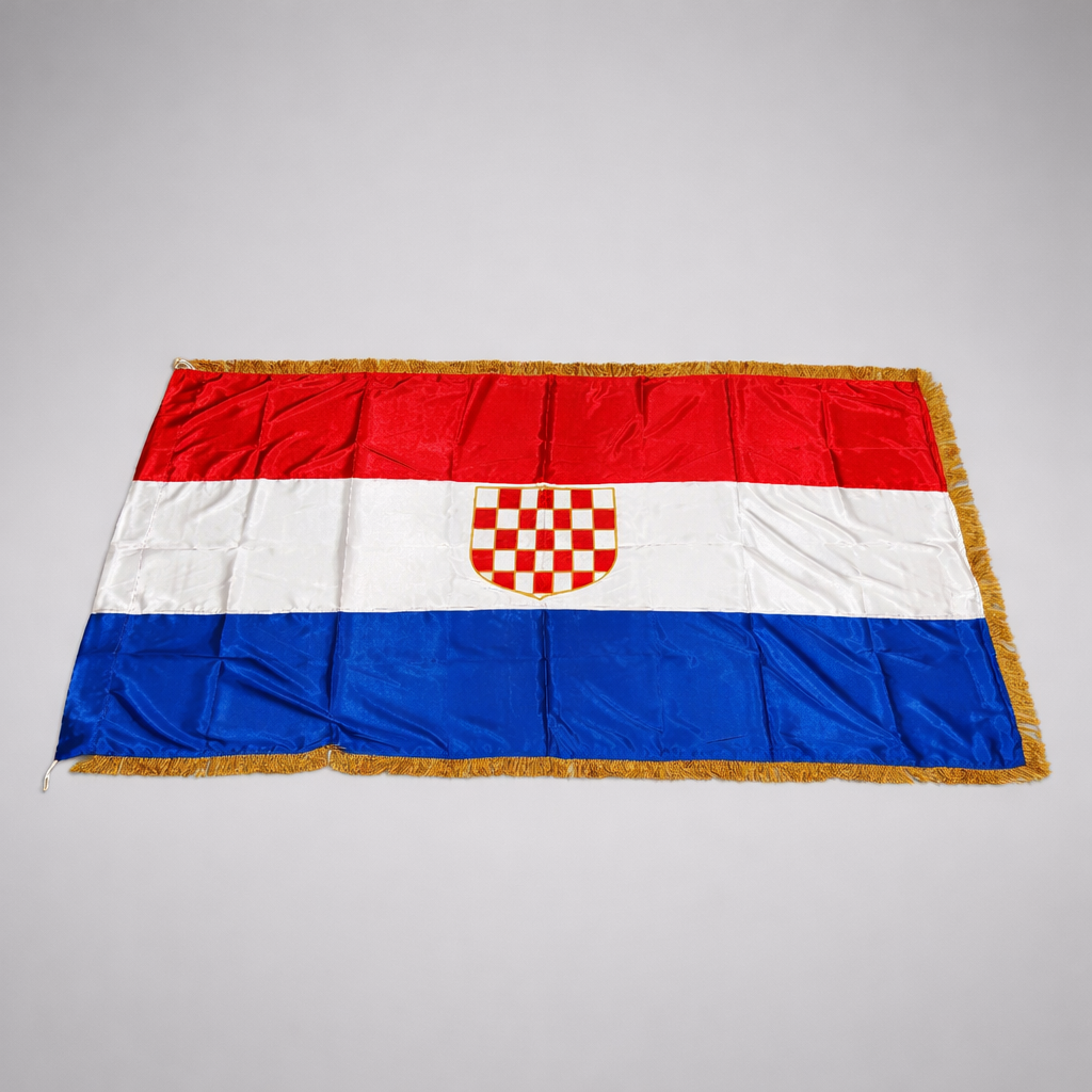 Croatian Historic Silk Flag Prvo Bijelo Polje 200cm by 100cm Flag of Croatia with a red, white, and blue design on a gray background