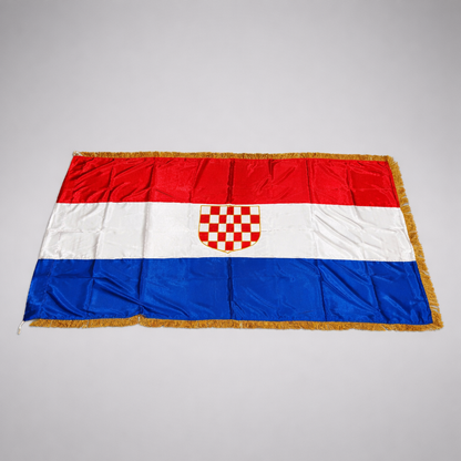 Croatian Historic Silk Flag Prvo Bijelo Polje 200cm by 100cm Flag of Croatia with a red, white, and blue design on a gray background
