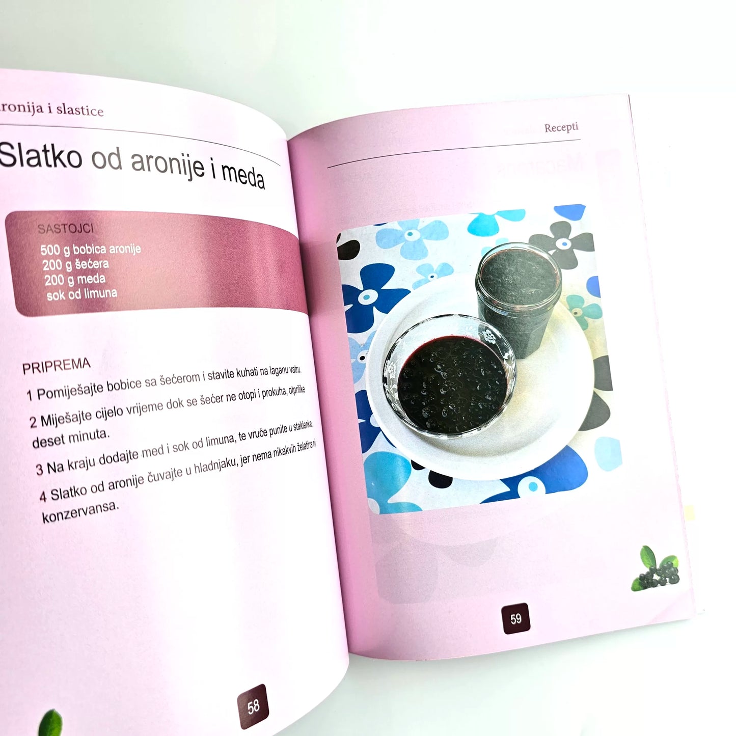 Aronija i Slastice (Aronia Desserts) Open cookbook with a recipe for a dessert on a white background
