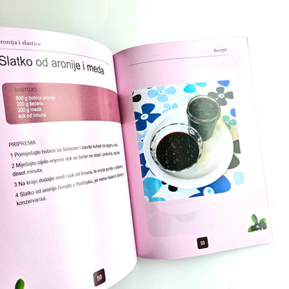 Aronija i Slastice (Aronia Desserts) Open cookbook with a recipe for a dessert on a white background