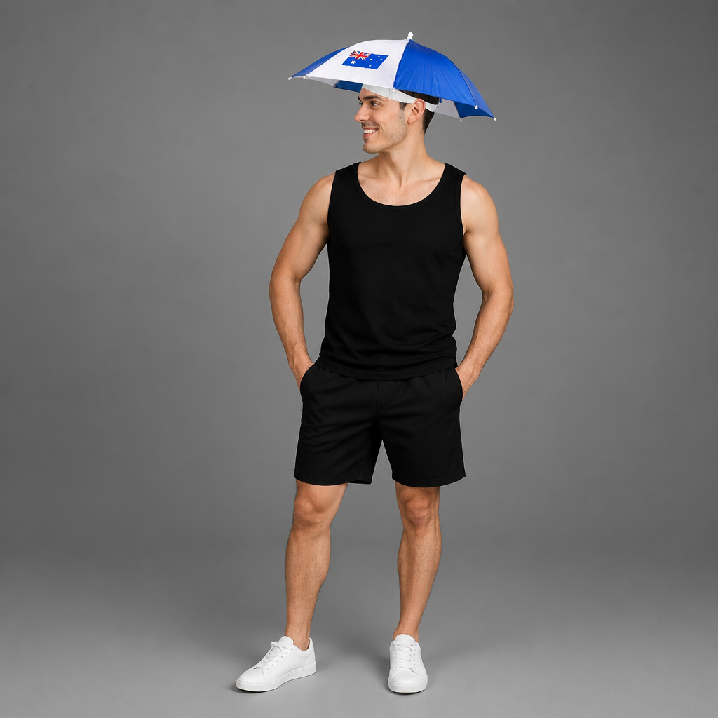 Australia Umbrella Hat Man wearing a black tank top and shorts with an umbrella on his head against a gray background