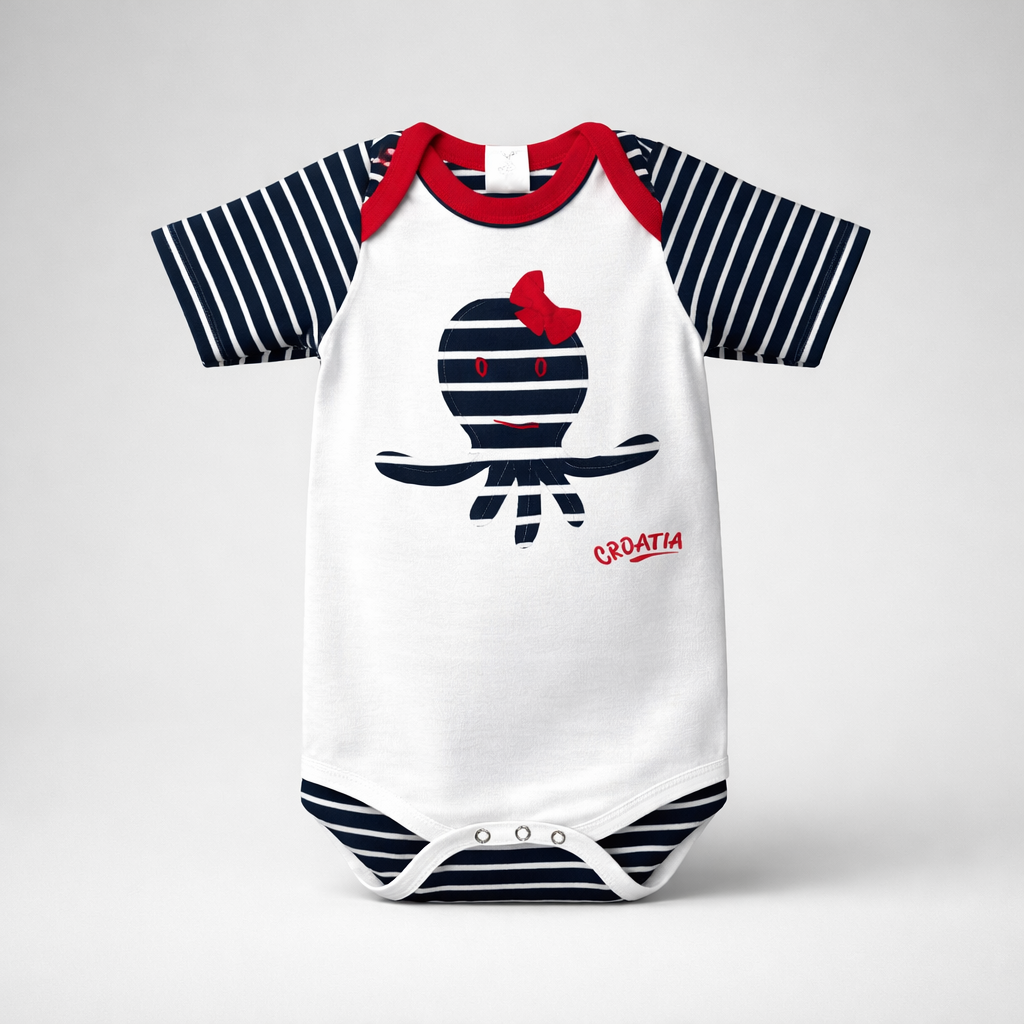 Baby Body Croatian Octopus Baby onesie with Croatian flag design on a white background