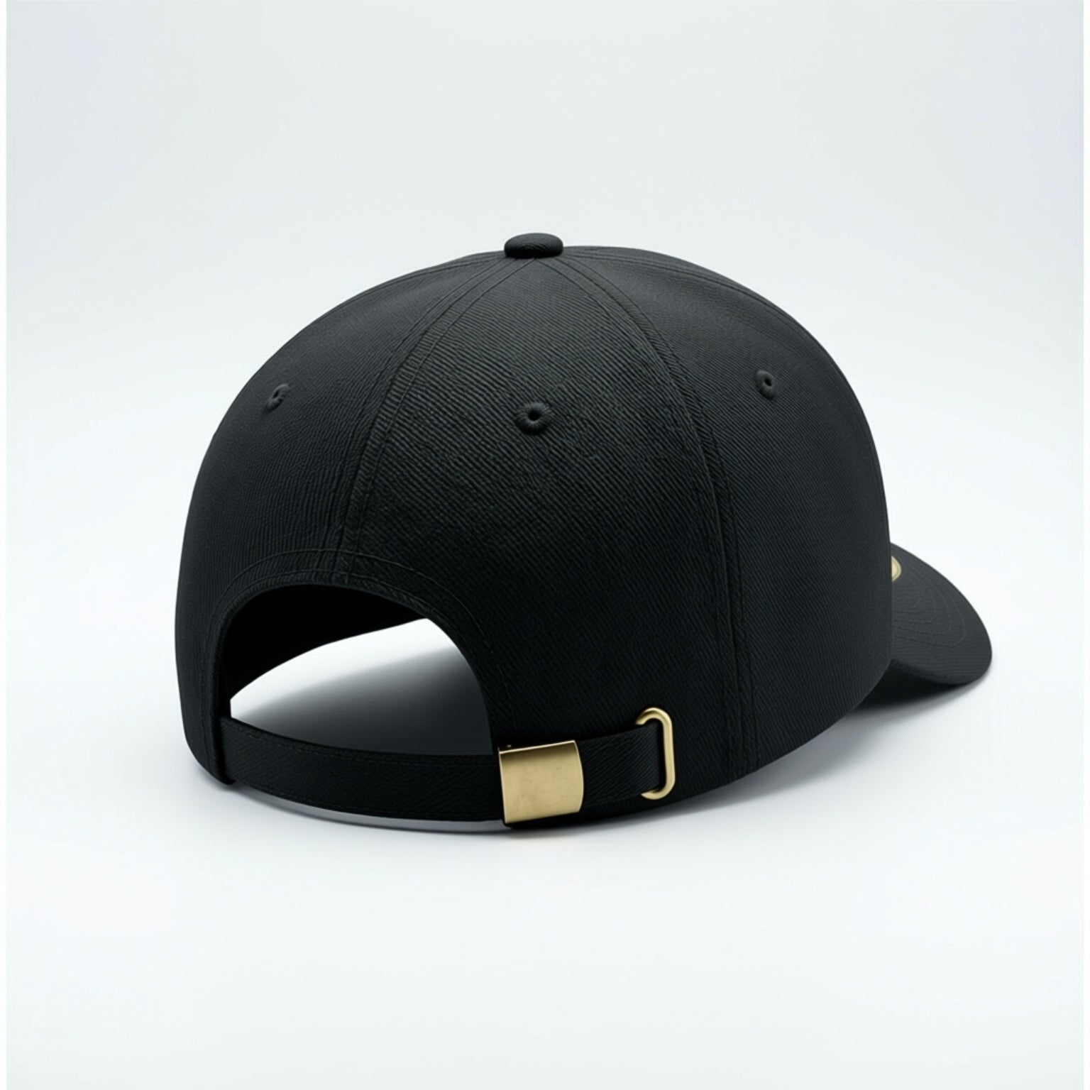 Black baseball cap with a gold buckle on a white background