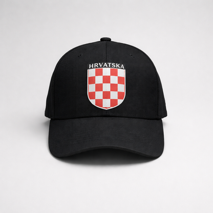 Baseball Cap Hrvatska Prvo Bijelo Polje Black cap with Croatian emblem and text on a white background shopncro.com