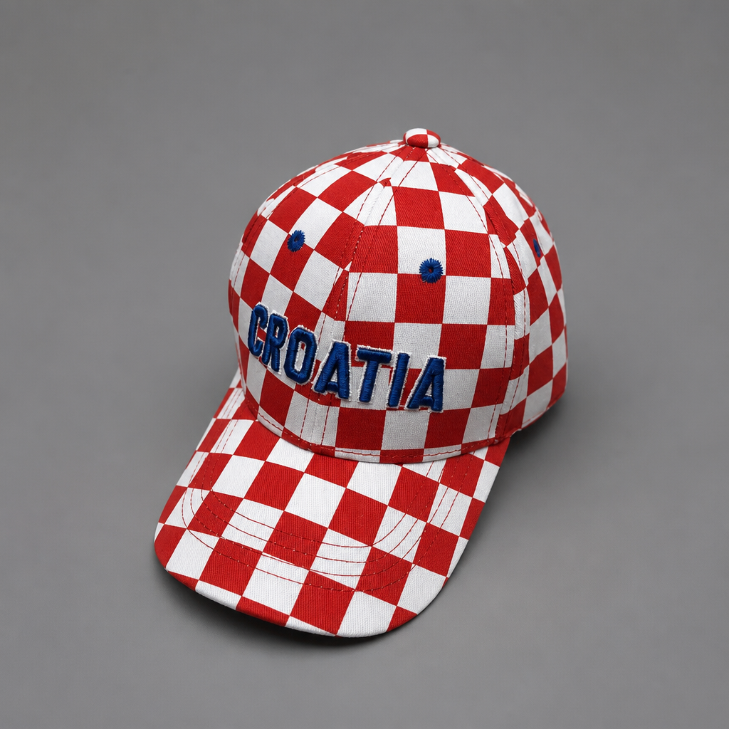 A red and white checkered baseball cap with 'CROATIA' embroidered in blue on the front, photographed on a neutral gray background. Baseball Cap Team Croatia 2 shopncro
