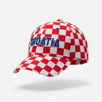 A red and white checkered baseball cap with 'CROATIA' embroidered in blue on the front, shown against a light gray background. Baseball Cap Team Croatia 2