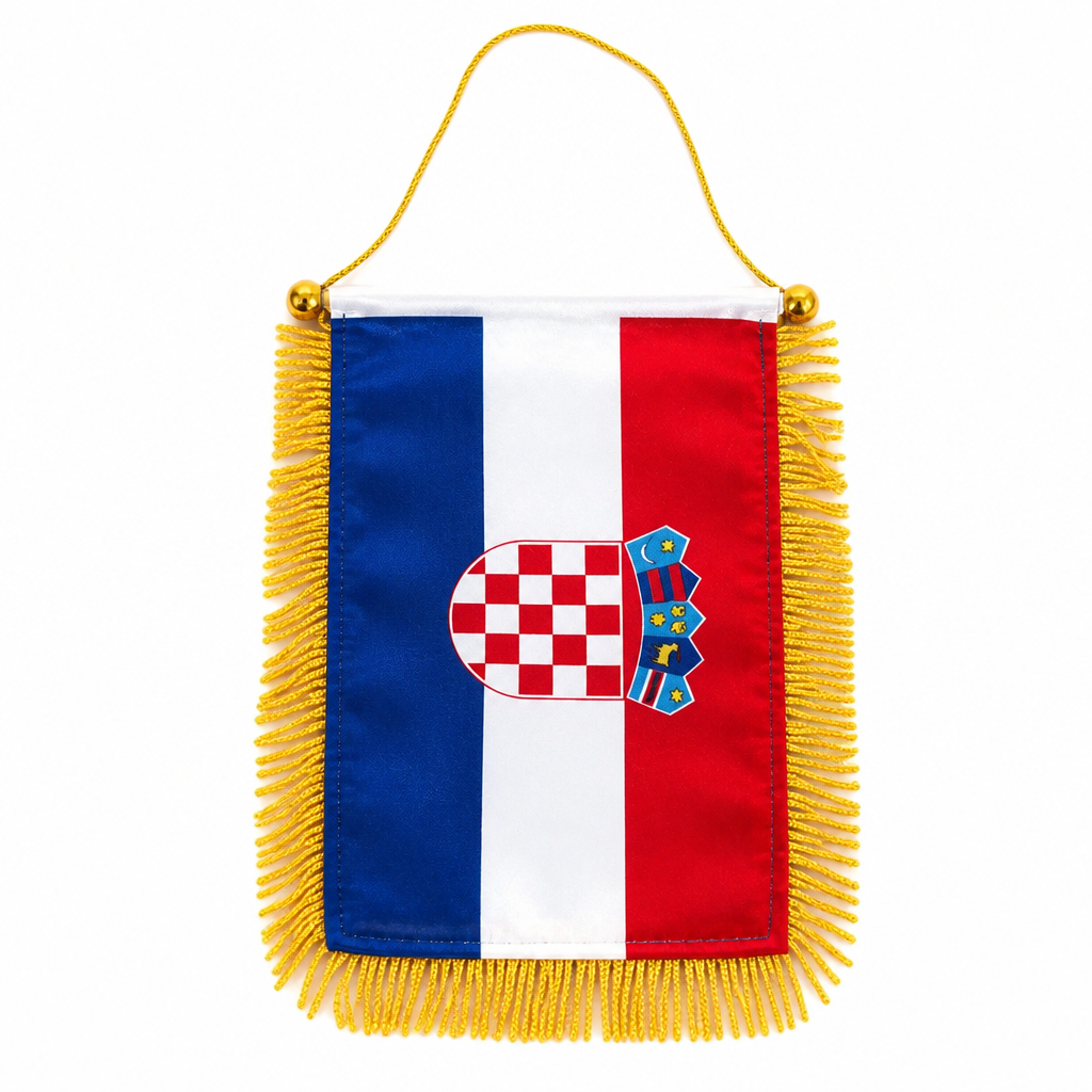 A hanging Croatian flag pennant banner with gold fringe on all sides and a gold hanging loop at the top. The flag features the blue, white, and red vertical tricolor with the Croatian coat of arms centered. Car Flag / Table Flag Croatia