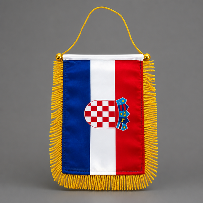 A small Croatian flag pennant banner with gold fringe and a gold hanging loop, shown against a plain gray studio background. Car Flag / Table Flag Croatia