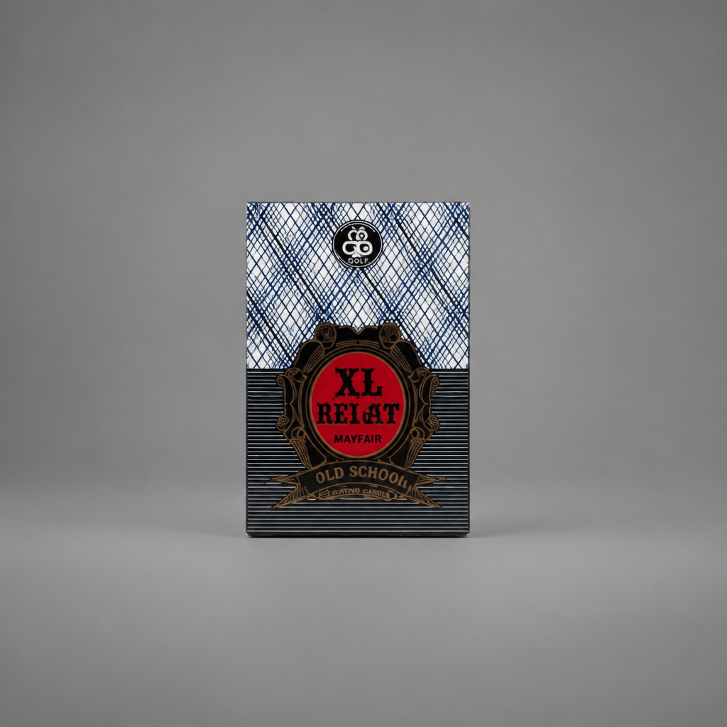 A single deck of playing cards standing upright on a neutral gray background. The card deck packaging features a blue and white plaid pattern on the top half, a central red oval label with black text reading 'XL RELAT MAYFAIR', and a dark gray striped bottom half with ornate gold detailing. Croatia BELOT Playing Cards - XL Size