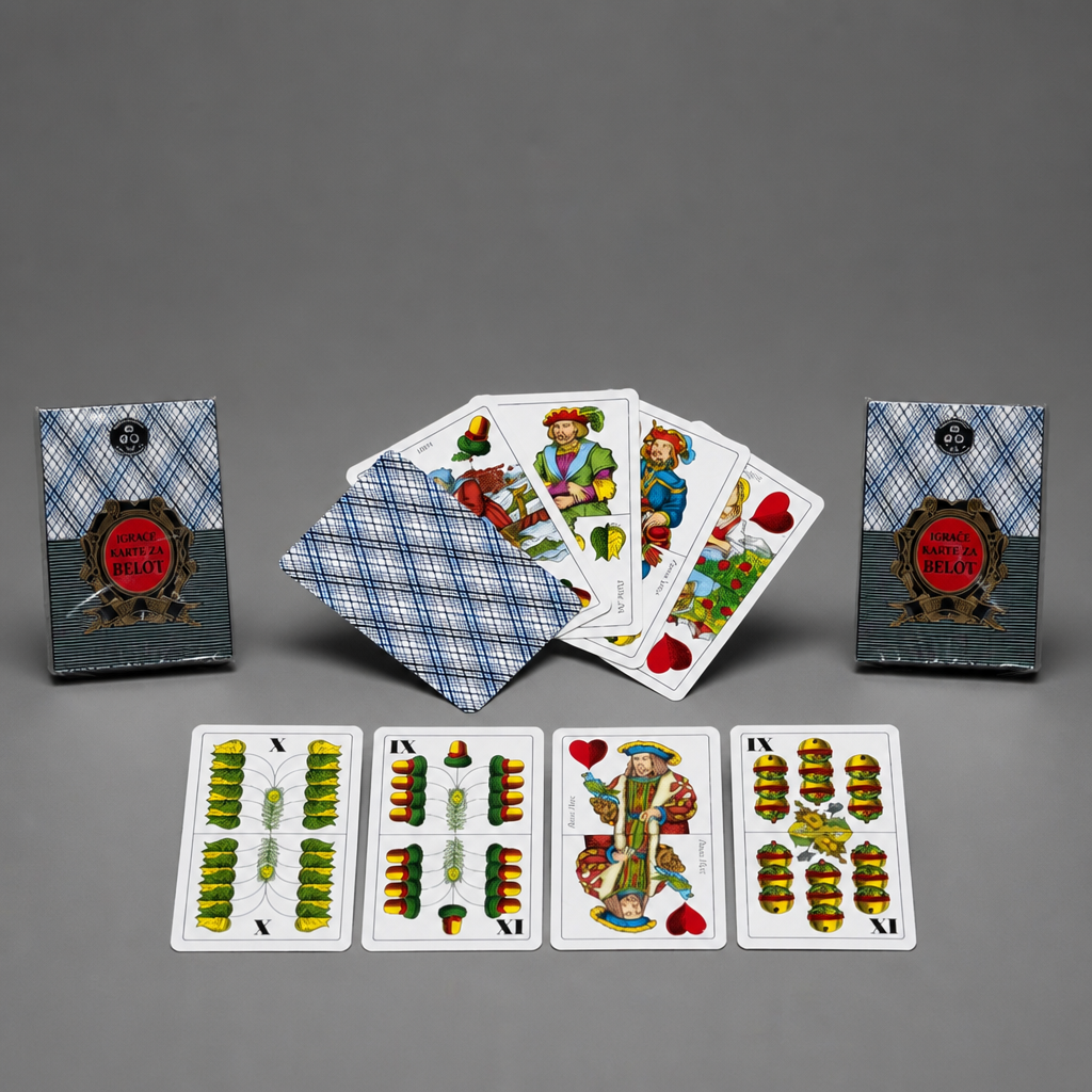 A game of cards deck set displayed on a neutral gray background, featuring the blue-and-white plaid deck box, two additional deck boxes, a fan of illustrated cards, and four face-up cards showing green and gold suit designs. Croatia BELOT Playing Cards