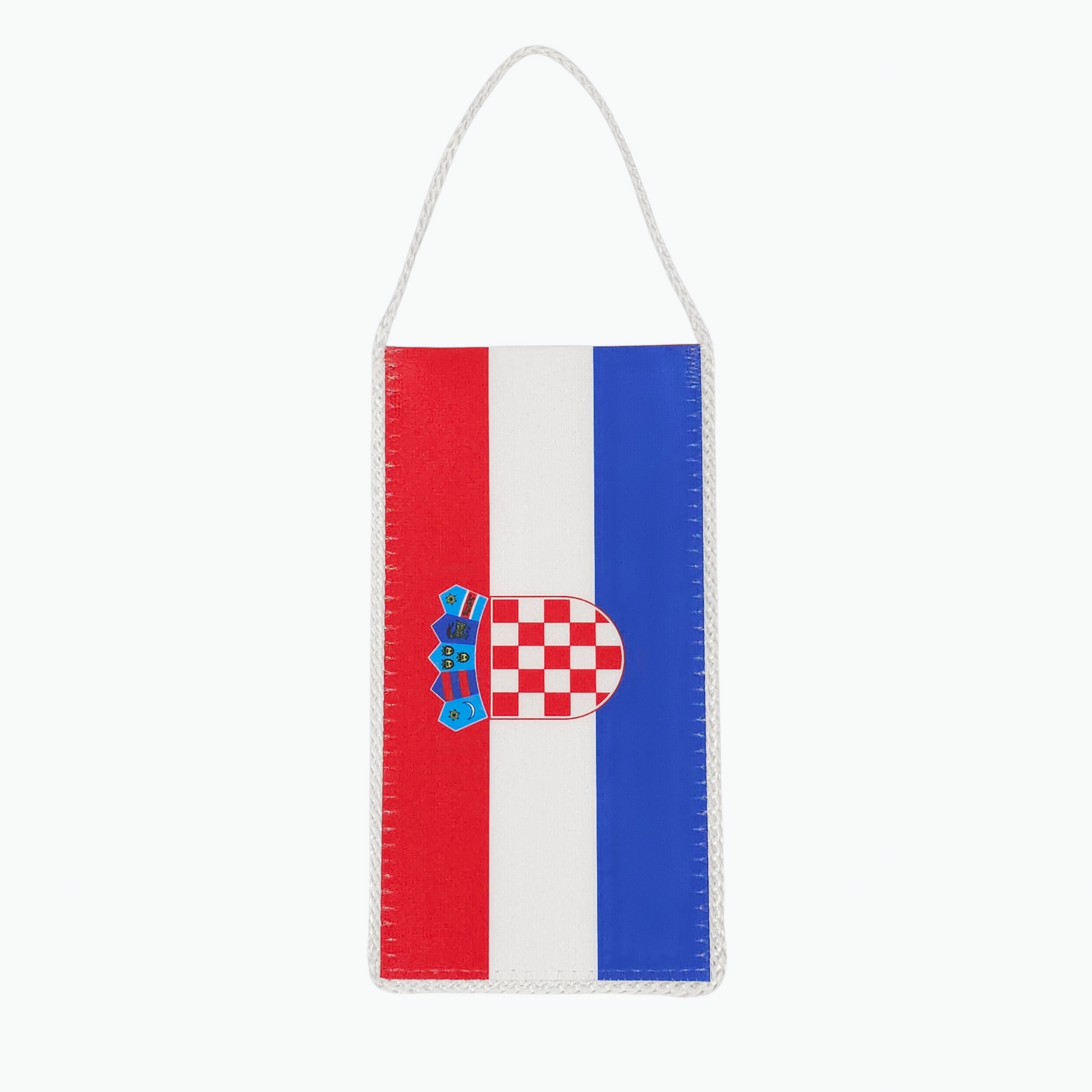Croatia Long Vertical Car Flag. Hanging flag with red, white, and blue stripes and a heart emblem on a white background