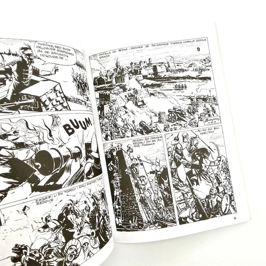 Croatian History in Comics – Uskočka Krv (Croatian Language Comic) Comic book pages with black and white illustrations on a white background shopncro