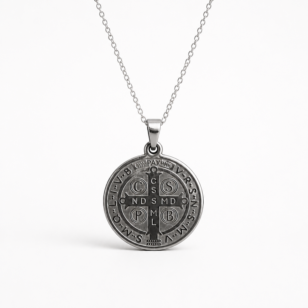 A silver round pendant necklace featuring a detailed monogrammed cross and Latin inscription, suspended from a delicate silver chain against a clean white background. Croatian Medallion Necklace – St. Benedict Catholic Pendant