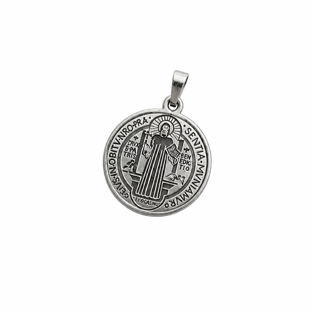 Croatian Medallion Necklace – St. Benedict Catholic Pendant A round silver-tone religious pendant featuring an engraved figure with a halo and surrounding text, suspended from a matching bail, shown on a plain white background.