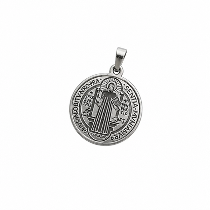 Croatian Medallion Necklace – St. Benedict Catholic Pendant A round silver-tone religious pendant featuring an engraved figure with a halo and surrounding text, suspended from a matching bail, shown on a plain white background.