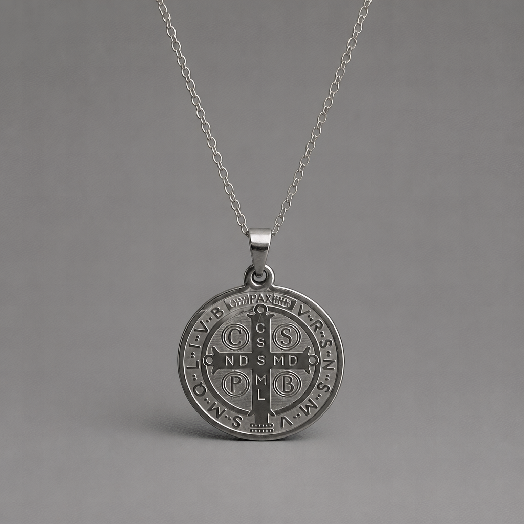 Croatian Medallion Necklace – St. Benedict Catholic Pendant A silver pendant necklace featuring a circular Saint Benedict monogrammed medal on a delicate silver chain, set against a solid gray background.
