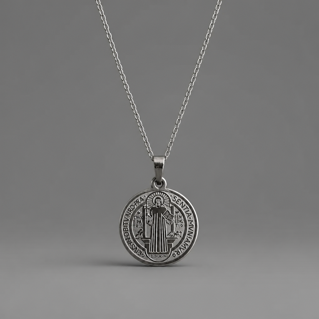 Croatian Medallion Necklace – St. Benedict Catholic Pendant A silver Saint Benedict medal pendant necklace on a matching silver chain, displayed against a neutral gray background.