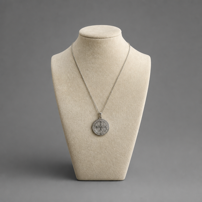 Croatian Medallion Necklace – St. Benedict Catholic Pendant A silver pendant necklace displayed on a beige fabric jewelry bust against a neutral gray background.