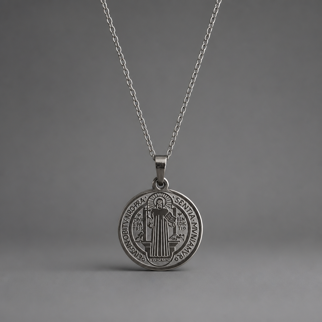 Croatian Medallion Necklace – St. Benedict Catholic Pendant A silver pendant necklace featuring a circular Saint Benedict medal, suspended from a delicate silver chain against a neutral gray background.