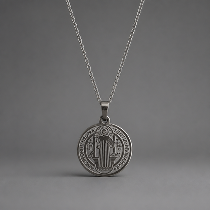 Croatian Medallion Necklace – St. Benedict Catholic Pendant A silver pendant necklace featuring a circular Saint Benedict medal, suspended from a delicate silver chain against a neutral gray background.