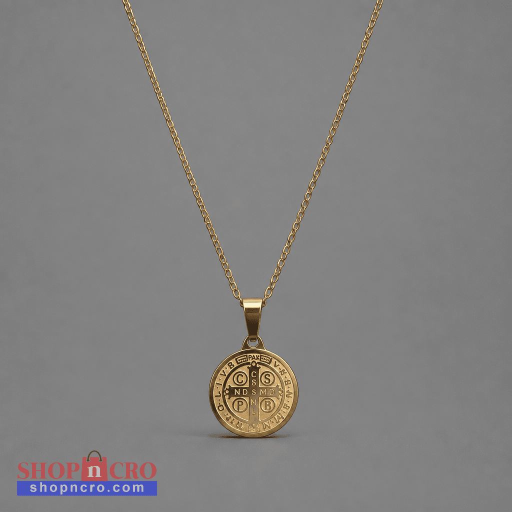 Croatian Medallion Necklace – St. Benedict Pendant (gold chain) A gold pendant necklace featuring a circular Saint Benedict medal pendant on a delicate gold chain, set against a solid gray background.