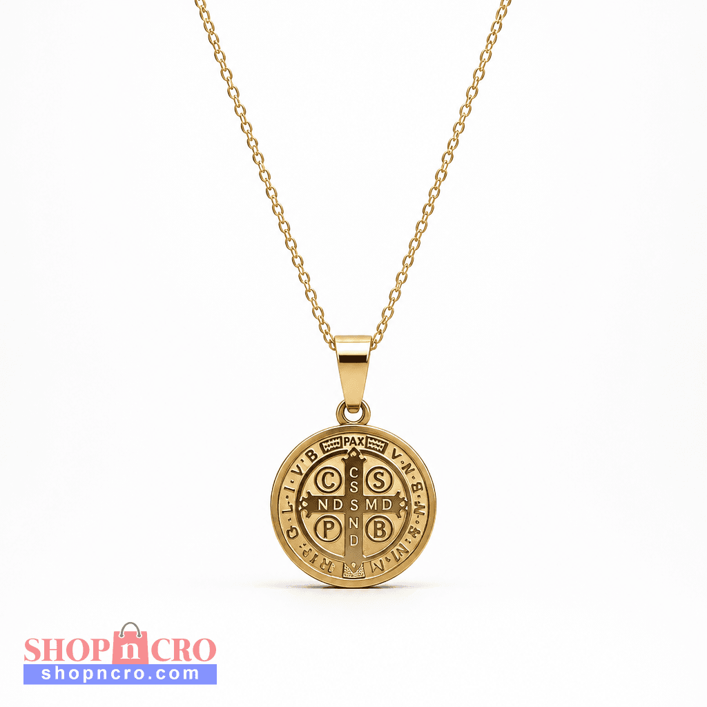 Croatian Medallion Necklace – St. Benedict Pendant (gold chain) 
A gold pendant necklace featuring a circular Saint Benedict medal charm on a delicate gold chain, set against a clean white background.