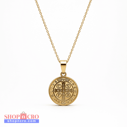 Croatian Medallion Necklace – St. Benedict Pendant (gold chain) 
A gold pendant necklace featuring a circular Saint Benedict medal charm on a delicate gold chain, set against a clean white background.