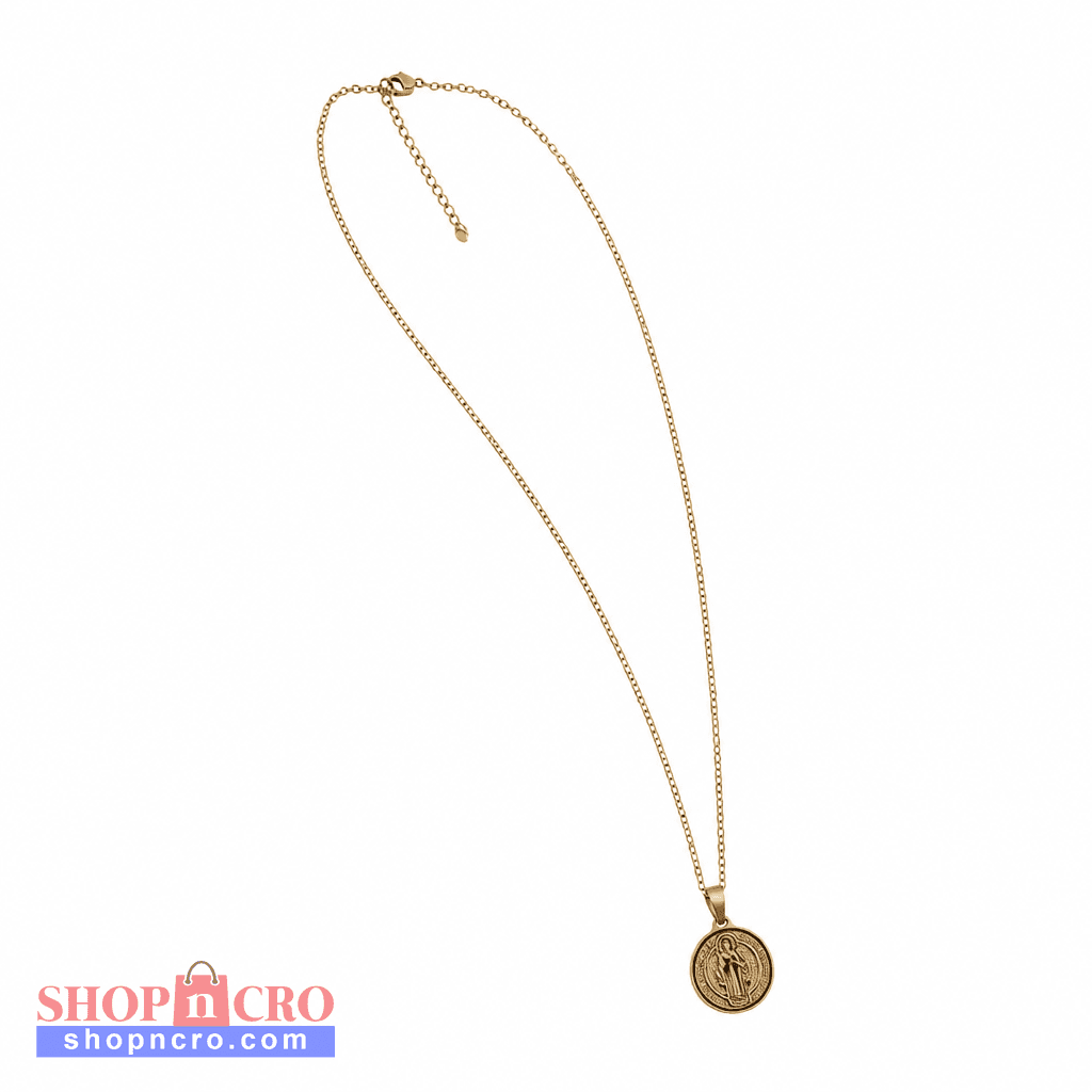 Croatian Medallion Necklace – St. Benedict Pendant (gold chain) A gold chain necklace with a circular pendant featuring a monogram design, displayed against a solid white background.
