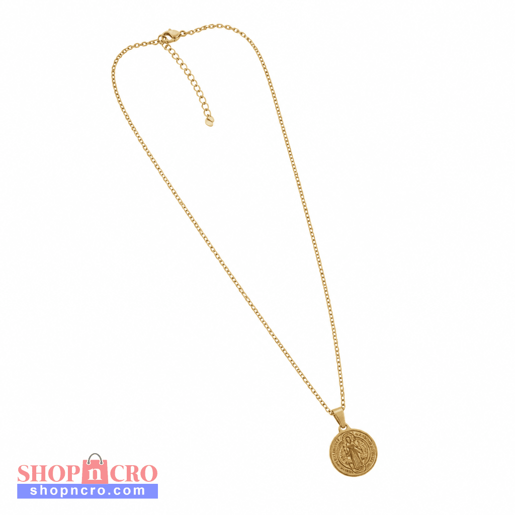 Croatian Medallion Necklace – St. Benedict Pendant (gold chain) A gold chain necklace with a circular coin pendant featuring an embossed religious figure, displayed against a solid white background.