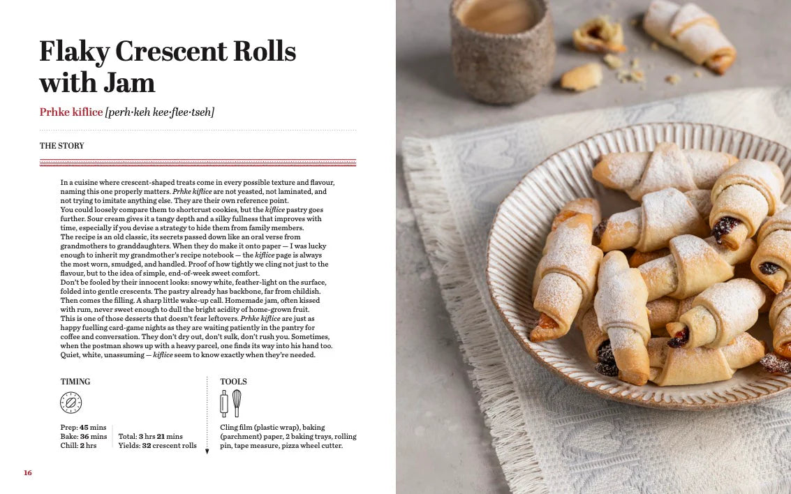 Croatian Sweets: Cookbook in English Language Flaky crescent rolls with jam on a plate next to recipe text.