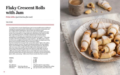 Croatian Sweets: Cookbook in English Language Flaky crescent rolls with jam on a plate next to recipe text.