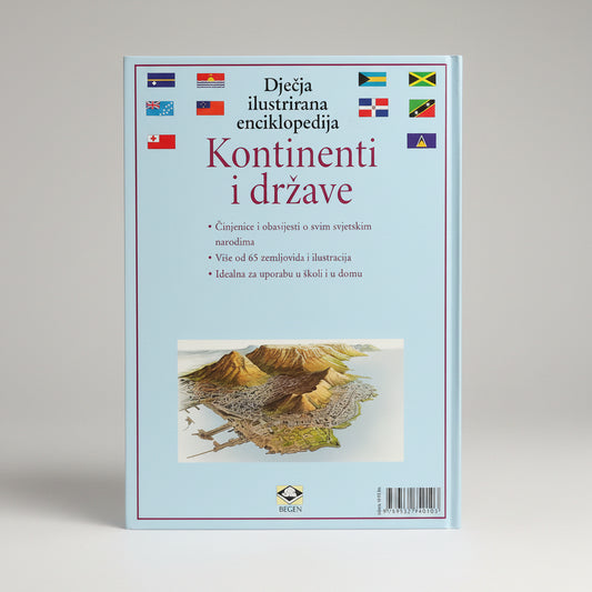 Dječje Ilustrirane Enciklopedije – Kontinenti i Države Book cover of 'Kontinenti i drđave' with flags and mountain illustration on a light blue background