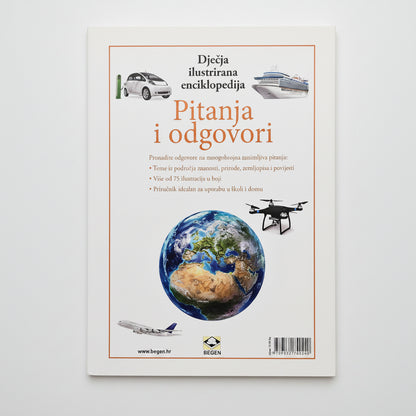 Dječje Ilustrirane Enciklopedije – Pitanja i Odgovori Book cover with illustrations of a car, boat, airplane, and drone on a white background