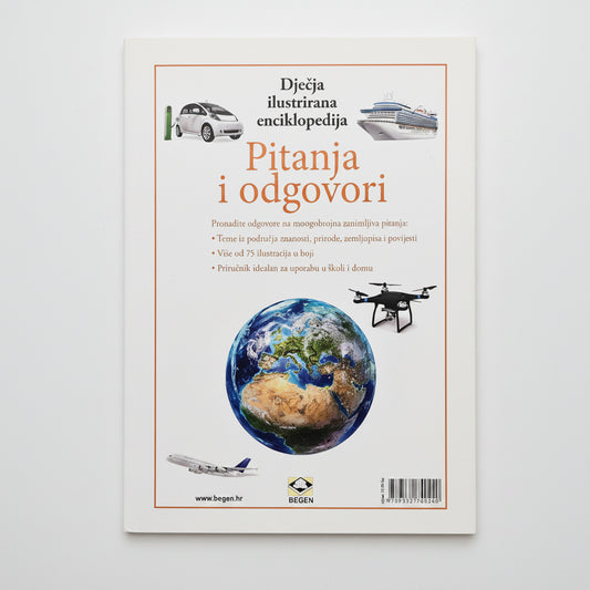 Dječje Ilustrirane Enciklopedije – Pitanja i Odgovori Book cover with illustrations of a car, boat, airplane, and drone on a white background