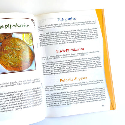 Domaći Specijaliteti (Home‑Made Specialties – 4‑Language Cookbook) Open cookbook showing a recipe for fish patties with an image of the dish on a white background.