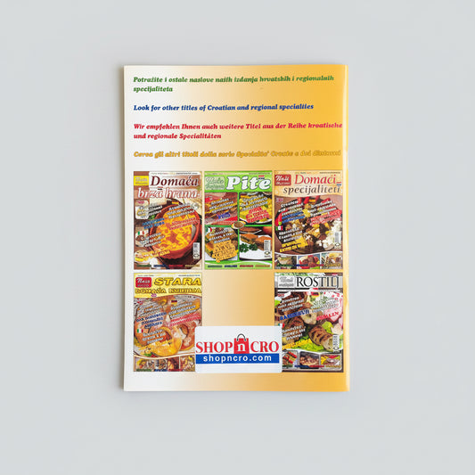 Domaći Specijaliteti (Home‑Made Specialties – 4‑Language Cookbook) Promotional flyer for Croatian food products with images of various food items and a call to action to visit shopncro.com.