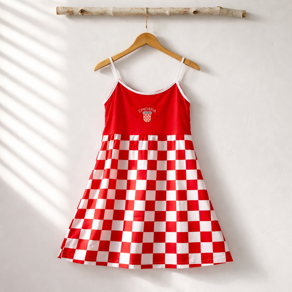 Dress Croatia Red and white checkered dress on a hanger against a light background
