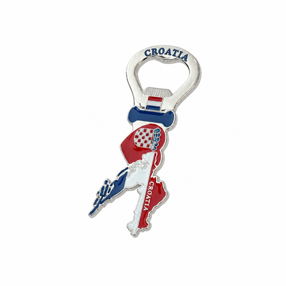 A silver-tone metal Croatia-themed bottle opener featuring the word 'CROATIA' on the opener loop, a blue ribbon detail, and a map-shaped charm filled with the Croatian flag colors and checkerboard pattern. Fridge Magnet Bottle Opener Croatia