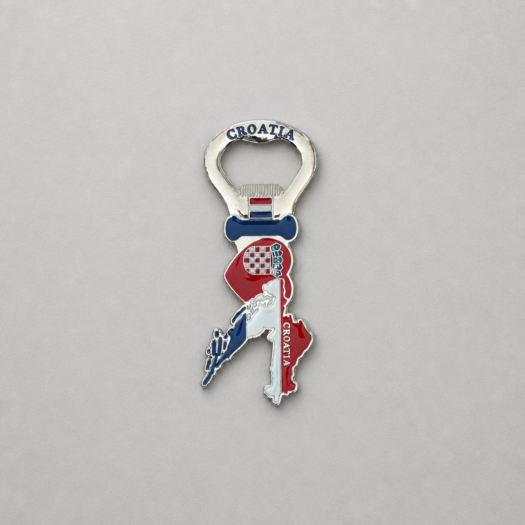 A metal Croatia-themed bottle opener with an enamel map design in red, white, and blue, featuring the word 'CROATIA' on the opener loop and a small Croatian flag accent. Fridge Magnet Bottle Opener Croatia