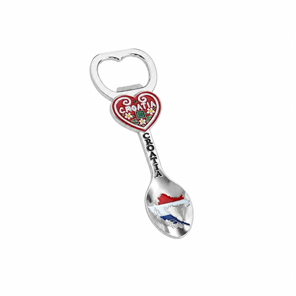 Fridge Magnet Bottle Opener Spoon A silver spoon-shaped bottle opener with 'CROATIA' written on it, featuring red, white, and blue enameled map designs and the Croatian flag on a white background.