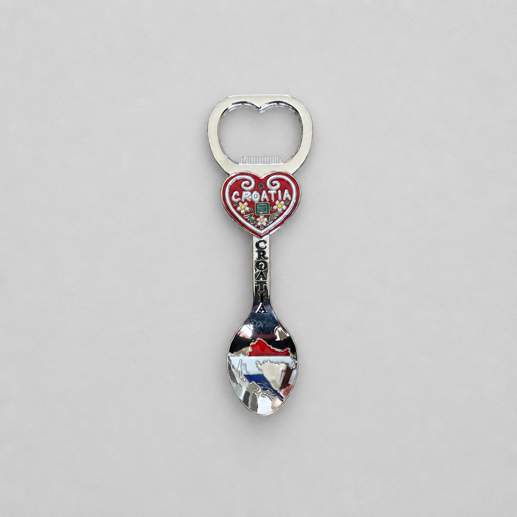 Fridge Magnet Bottle Opener Spoon A silver spoon-shaped bottle opener with a heart-shaped head featuring the red and white Croatia flag and the word 'CROATIA' in white script.
