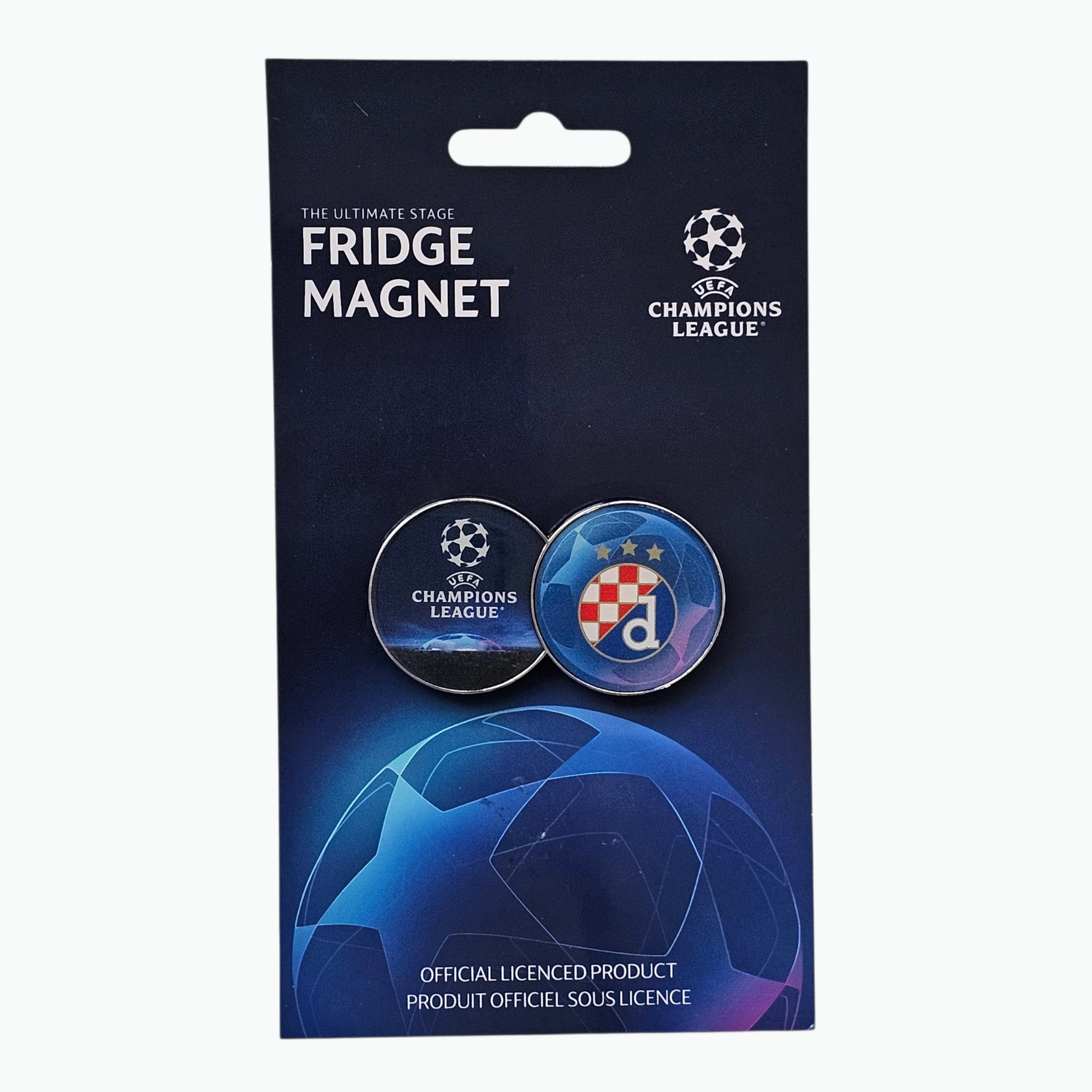Fridge Magnet Dinamo Fridge magnet packaging with UEFA Champions League logo on a blue background