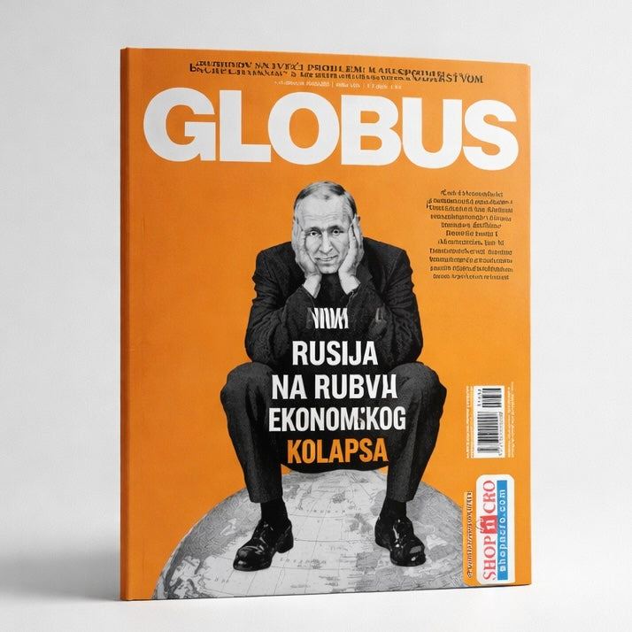 Globus Magazine on Sale! Croatian Magazine cover with a person sitting on a globe, featuring the title 'Globus' and text in a foreign language.
