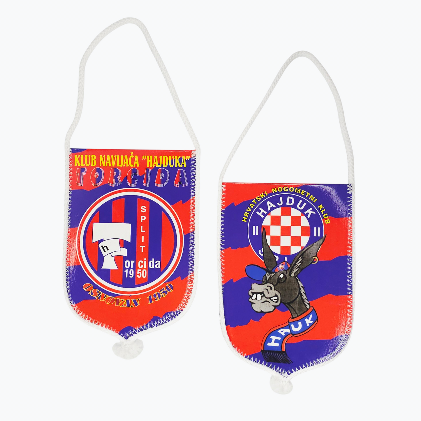 Hajduk Torcida 2-Sided Car Flag. Two colorful bags with donkey designs and text on a white background