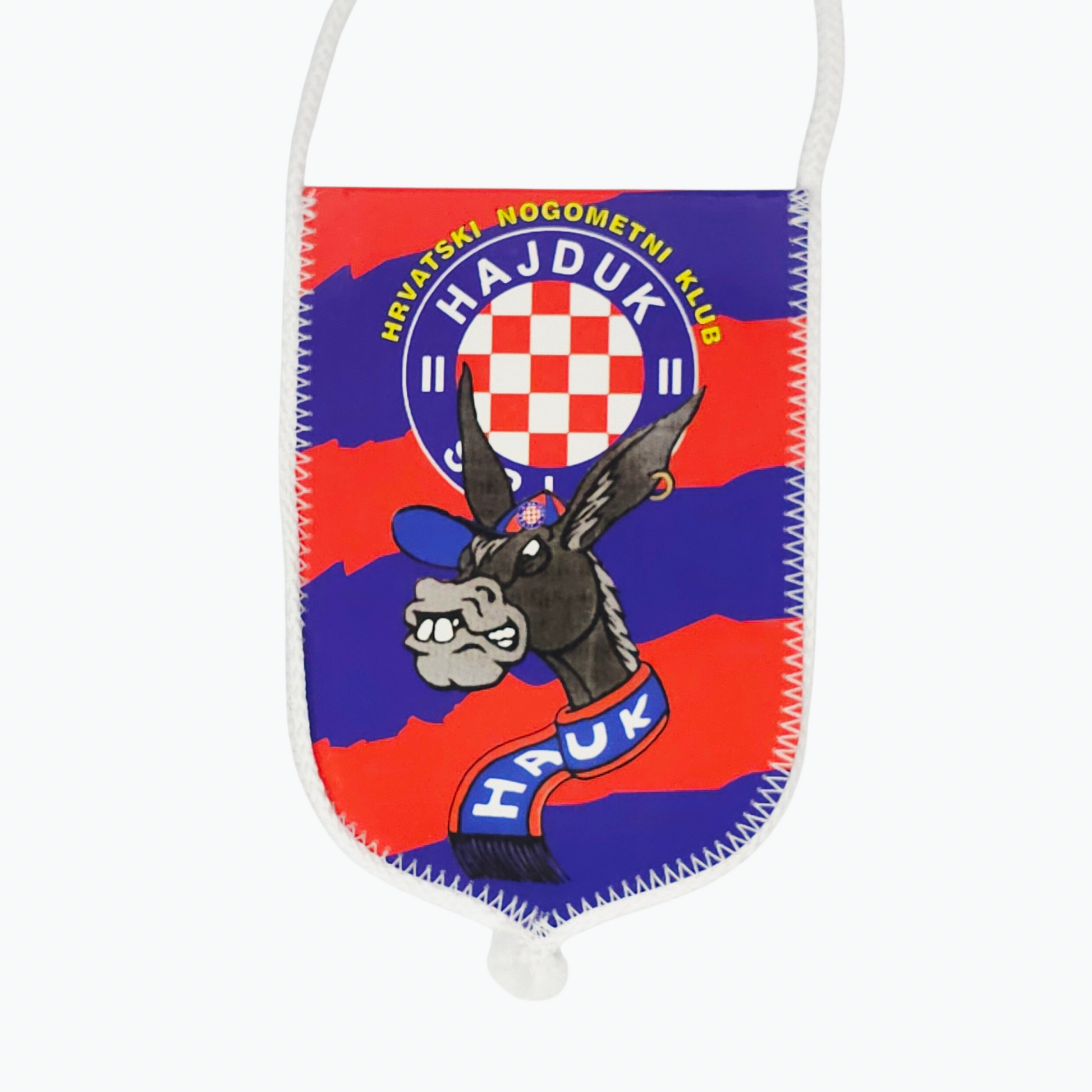 Hajduk Torcida 2-Sided Car Flag. Face mask with Hajduk logo and donkey graphic on a red, blue, and white background