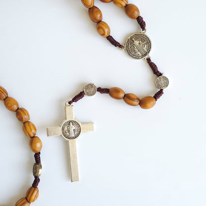 Handcrafted Wooden Saint Benedict Rosary – Gold‑Tone Crucifix & Medals