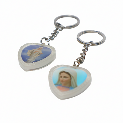 Heart-Shaped Catholic Keyring - Virgin Mary of Medjugorje Heart-shaped keychain with religious imagery on a white background
