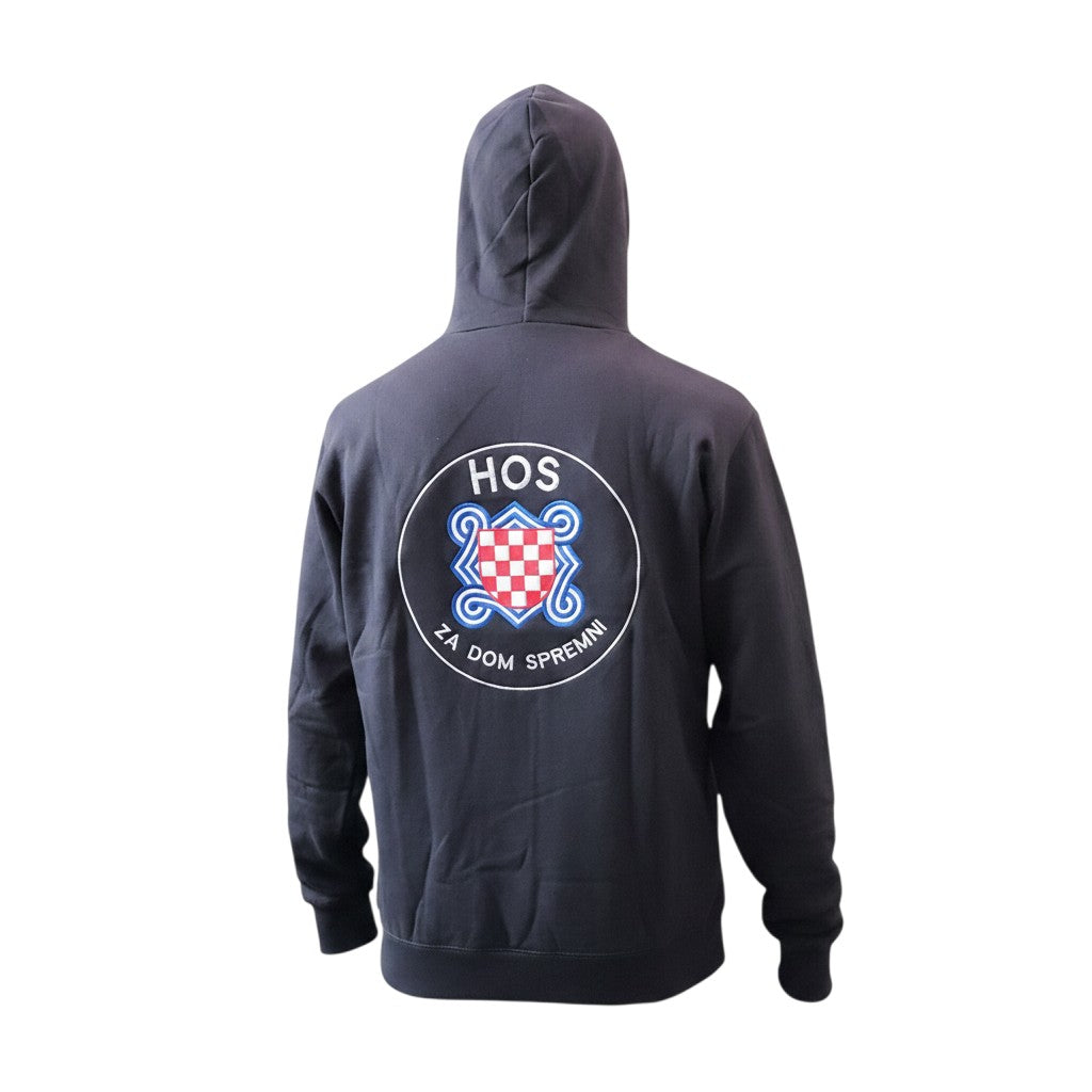 Black hoodie with a logo on the back against a white background